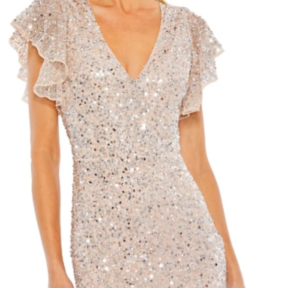 MAC DUGGAL 10801 SEQUINED V-NECK FLUTTER SLEEVE NUDE/SILVER MIDI TRUMPET DRESS 6 - Picture 3 of 6